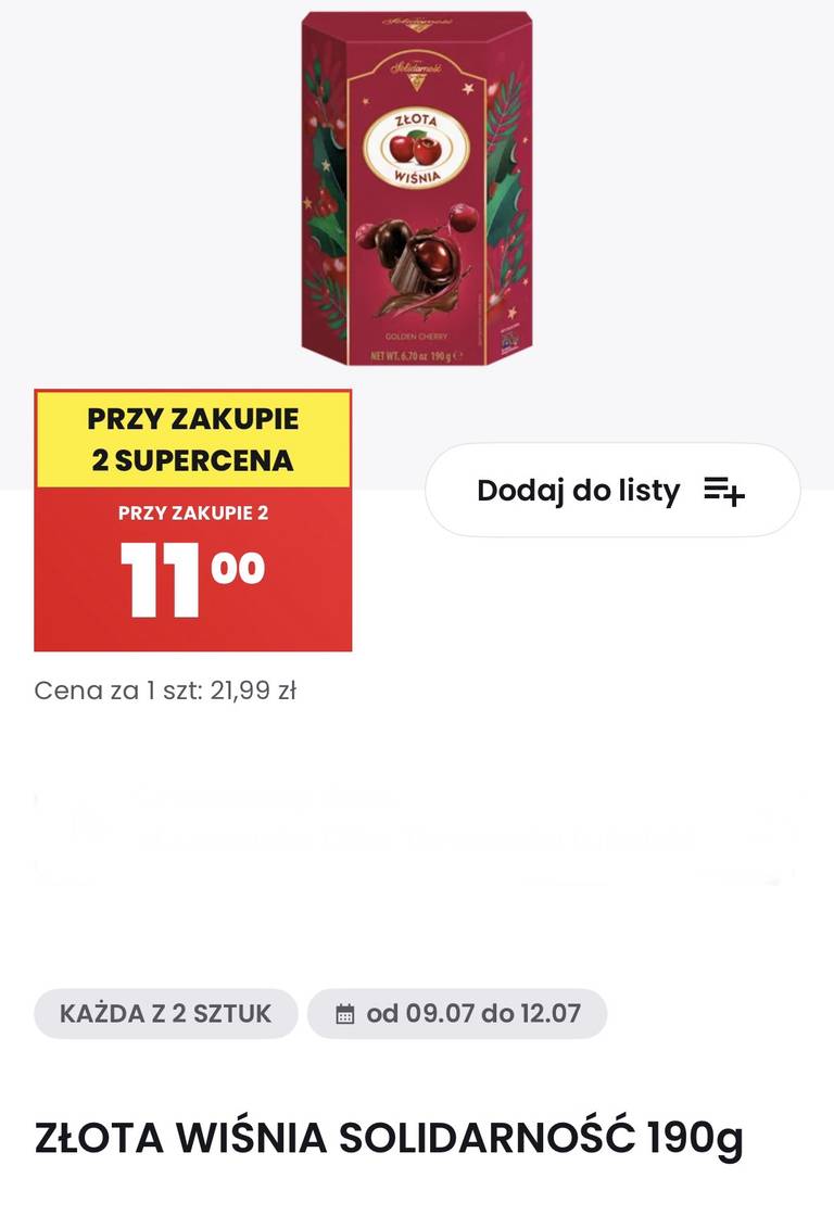 Praliny Złota Wiśnia Solidarność 190g 1+1 gratis - Biedronka