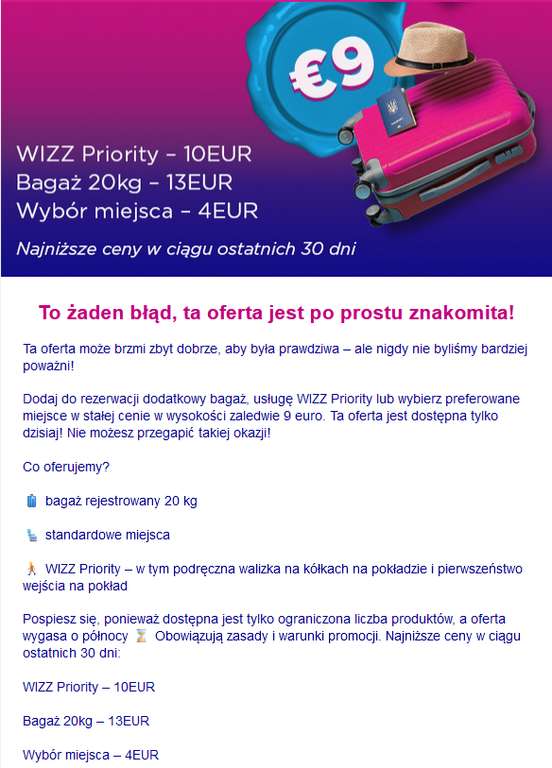 Bagaż rejestrowany 20 kg Wizzair za 41 zł (na loty do 26 marca)