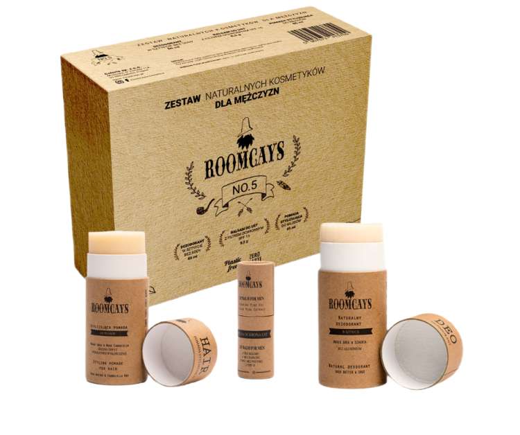 Zestaw prezentowy dla mężczyzn Roomcays - deozodorant, pomada do włosów i balsam do ust spf 15 @Kontigo