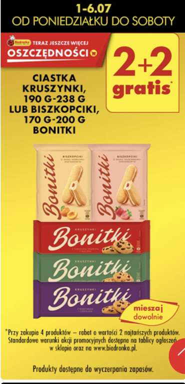 Ciastka Bonitki kruszynki lub biszkopciki 2+2 gratis @biedronka