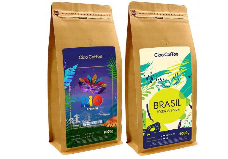 79,99 zestaw kaw ziarnistych: RIO CiaoCoffee 100% - Arabika/Robusta 1kg + Brasil CiaoCoffee - 100% Arabika 1kg -CIAO CAFFEE lub raczej NUNO.