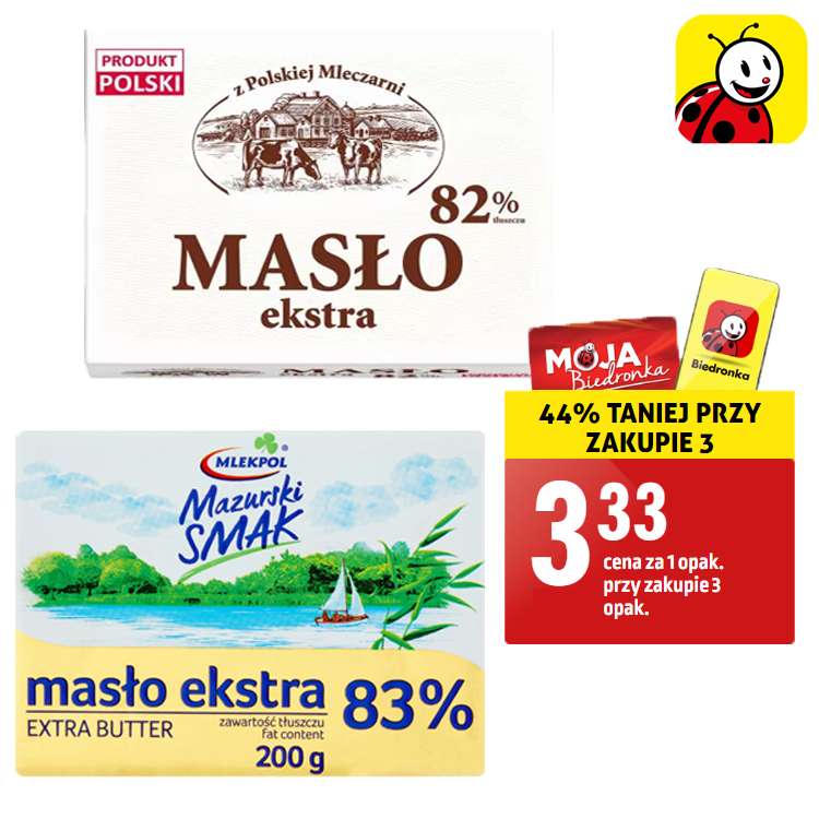 Masło ekstra z Polskiej Mleczarni / Masło ekstra Mazurski Smak 200g - 3.33zł/szt przy zakupie 3 - Biedronka