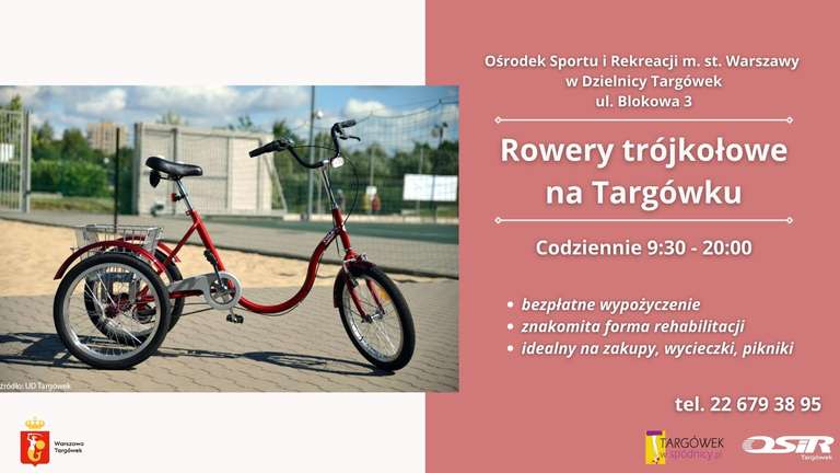 Wypożycz bezpłatnie rower trójkołowy z koszem na zakupy, wycieczki, pikniki >>> OSiR Warszawa Targówek