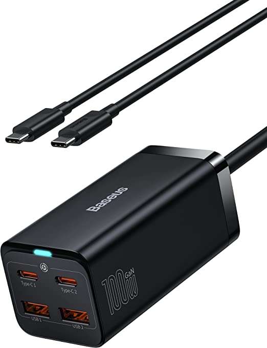 Baseus Ładowarka USB C 100 W PD GaN III, 4-portowa, szybka, kompaktowa, z kablem AC 1,5 m
