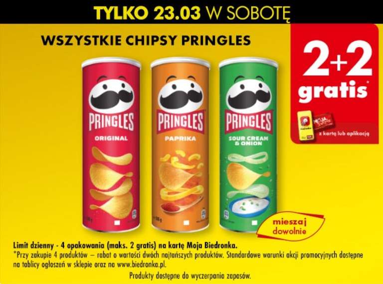 Wszystkie chipsy Pringles 165g, 2+2 gratis BIEDRONKA