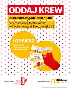 Oddaj krew 22.04.2024 przy McDonald's w Ciechanowie przy ul. Rzeczkowskiej 36 i odbierz 3 kupony na darmowy posiłek + skarpetki