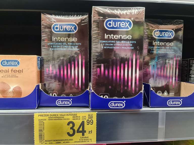 Prezerwatywy Durex, różne rodzaje Perfect Gliss, długotrwały poślizg 10 szt/ 2zl szt., Unimil 12 szt./1,50 zł szt. w Carrefour