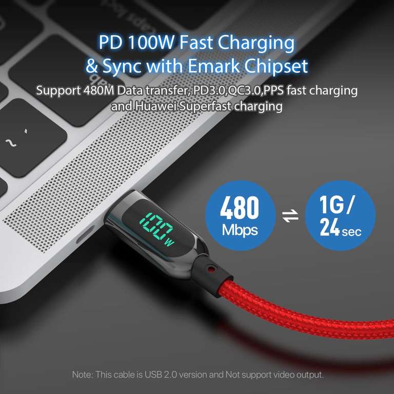 SOOPii Kabel USB C na USB C, 3 m, nylonowy, 100 W PD kabel do szybkiego ładowania z wyświetlaczem LED - czerwony - 2 sztuki