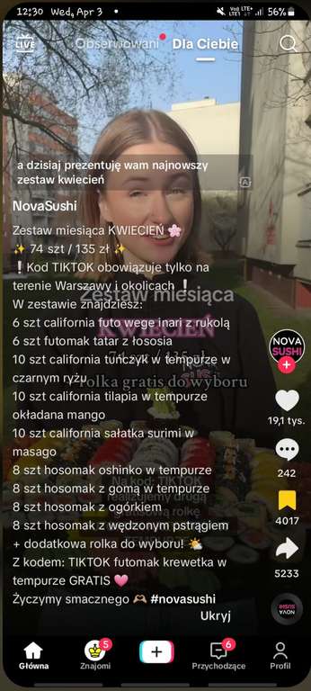 Nova Sushi 74 sztuk + gratisowa rolka za 135 zł