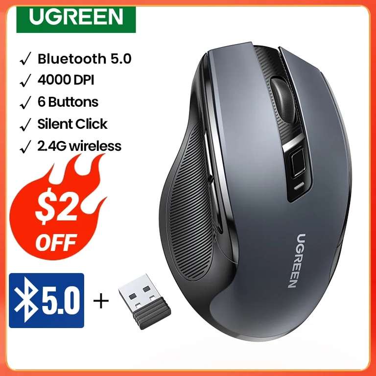 UGREEN Bezprzewodowa mysz USB 2.4 GHz // 6 przycisków // Bluetooth 5.0 // 4000DPI // Silent click // MU006 // $10.76