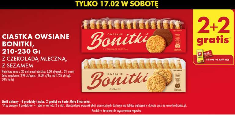 Ciastka owsiane Bonitki 210-230g 2+2 gratis @Biedronka
