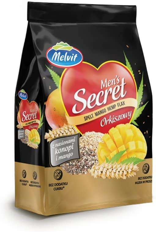 Melvit Men'S Secret Płatki Orkiszowe z Mango, Siemieniem Lnianym i Nasionami Konopii, 350g Darmowa dostawa Prime