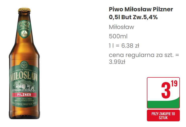 Piwo Miłosław pilzner 0,5L but.zw cena 1 butelki przy zakupie 10 @Dino