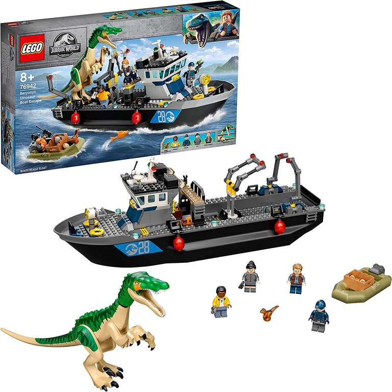LEGO Jurassic World 76942 Barionyks i ucieczka łodzią; fajna zabawka dla kreatywnych dzieci (308 elementów)