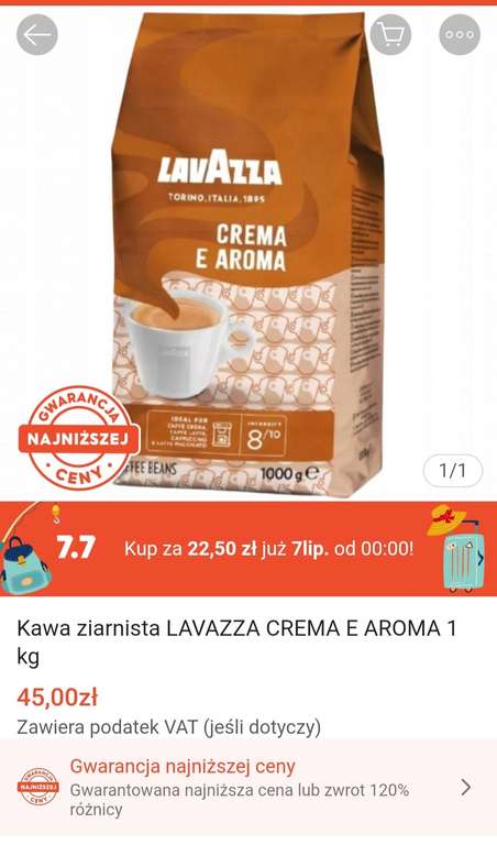 Kawa ziarnista LAVAZZA CREMA E AROMA 1 kg | Start okazji 07.07.2022 czwartek | Shopee|
