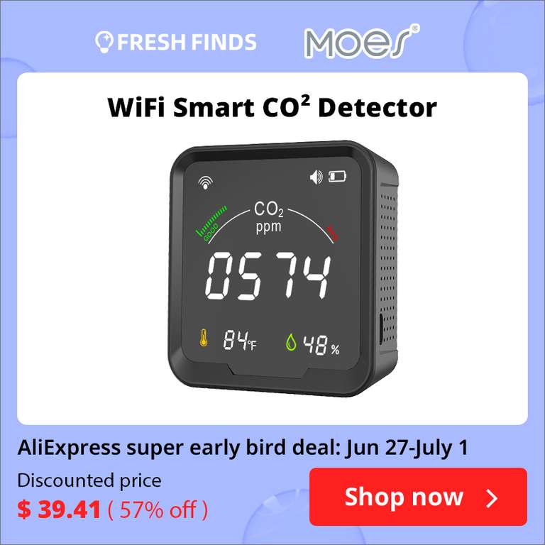 Detektor dwutlenku węgla Moes (WiFi, Tuya Smart, dodatkowe funkcje) @AliExpress