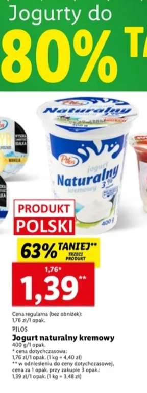 Nabiał, jogurty naturalne kremowe 3%, 3 produkt 63%taniej w Lidl