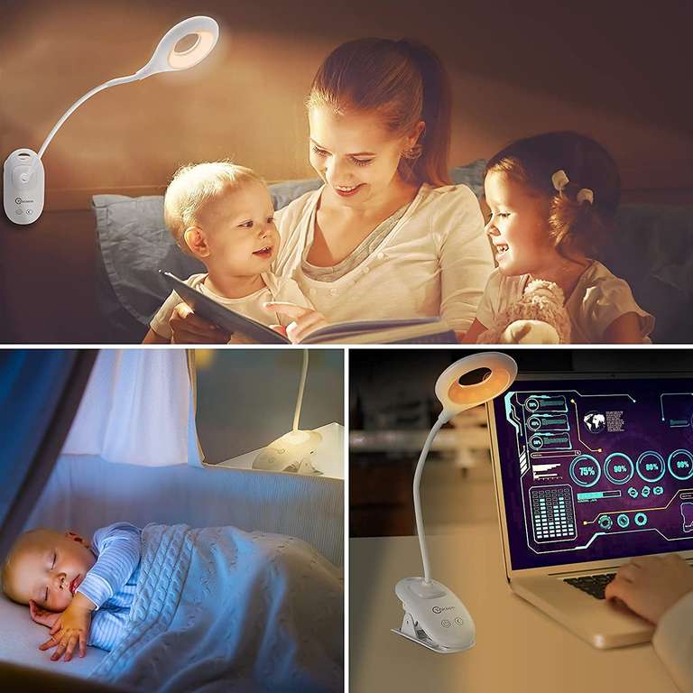 Lampka do czytania, ochrona oczu, lampa zaciskowa, stojąca, ładowanie przez USB, 3 kolory i regulowana jasność, do pracy, snu i nauki.