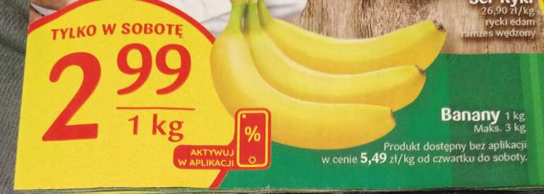 Banany 1kg i kalafior za 4,49 szt. Banany w aplikacji tylko w sobotę /Delikatesy Centrum/