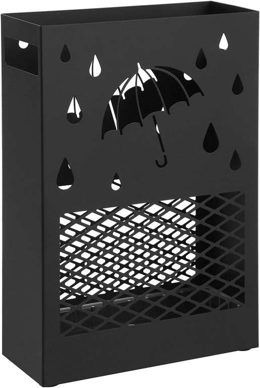 SONGMICS Metalowy stojak na parasole, z wyjmowaną tacką na wodę, 4 haczyki, do przedpokoju i biura, czarny LUC004B01 i inne