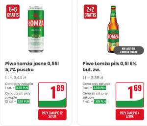 Piwo Łomża pils but. zw. 0,5L 2+2 gratis i Łomża jasne puszka 0,55L 6+6 gratis @Dino