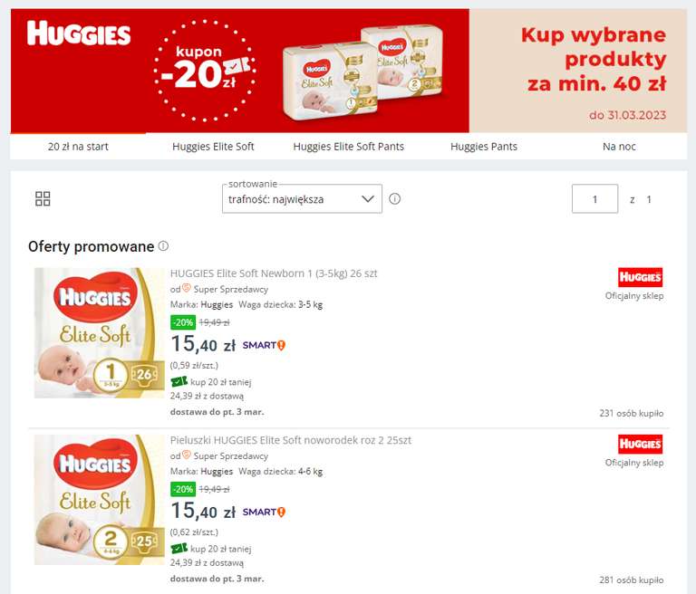 Pieluszki huggies rozmiar 1/2 - kupon -20 zł, koszk 40 zł