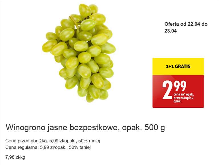Winogrona jasne bezpestkowe 500 g / opak. cena przy zakupie 2 opak. (5,99 zł/kg) @Biedronka