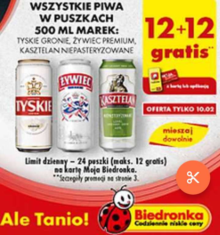 Wybrane piwa w puszkach 12+12 gratis z kartą/aplikacją @Biedronka