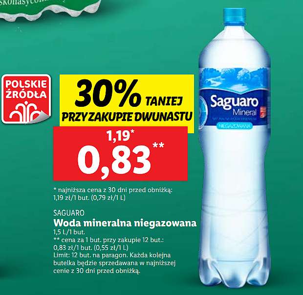 Woda mineralna niegazowana Saguaro 1,5L za 0,83 zł/butelkę przy zakupie 12 @Lidl