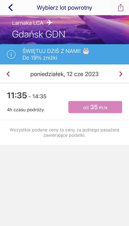 Lot Gdańsk - Larnaka (Cypr) 70 zł/dwie strony czerwiec Wizzair – błąd cenowy, wszystkie loty po 35 zł w aplikacji