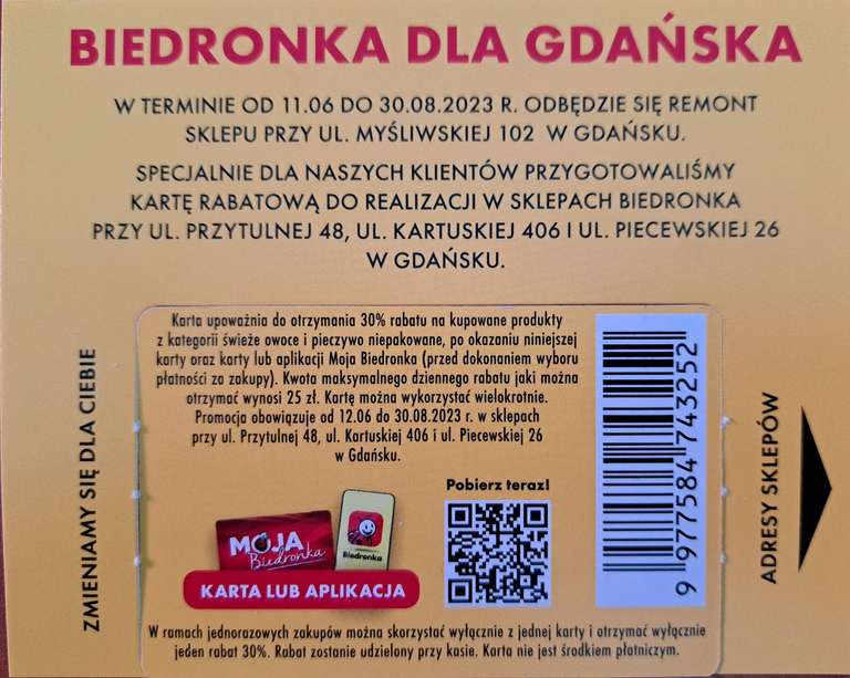 Biedronka Gdańsk Przytulna/Piecewska/Kartuska 406 - 30% rabatu na świeże owoce i pieczywo do 30.08.2023