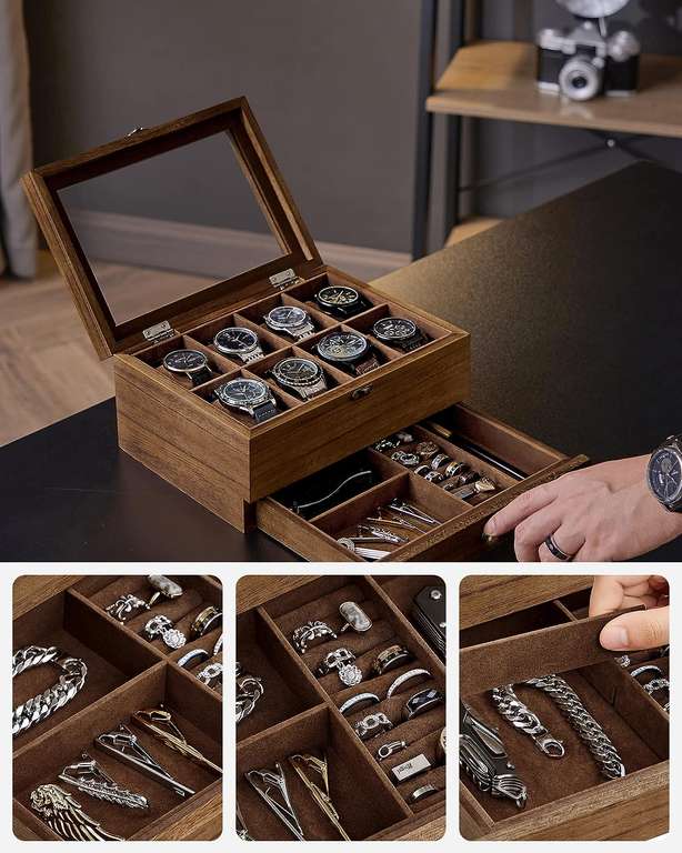 [Prime] Drewniane pudełko na zegarki z szufladą na akcesoria (drewno paulowni, pokrywa z szybą, wnętrze z aksamitu) @ Amazon Songmics