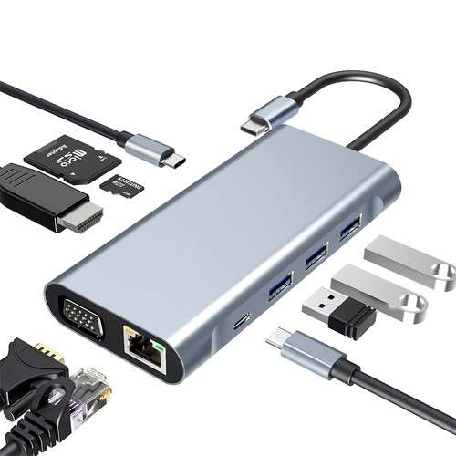 Hub USB Type-C 10w1 2x USB-C (1x PD 100W) + 1x HDMI 4K + 1x RJ45 + 3x USB 3.0 + 1x VGA + czytnik SD & microSD ($22,99) @ Geekbuying