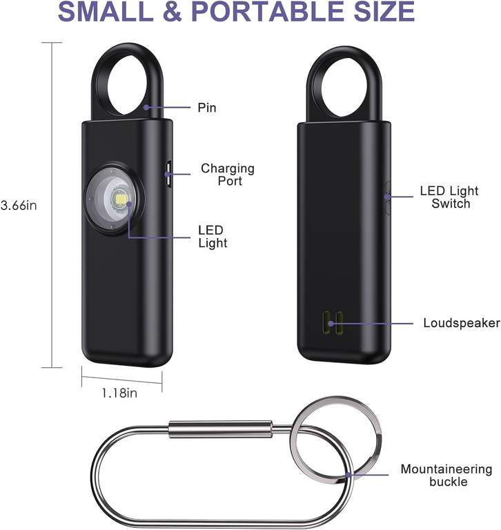 OQIMAX Alarm kieszonkowy, syrena 130 dB, z oświetleniem LED, breloczek do kluczy, ładowany przez USB, dla kobiet, dzieci, seniorów