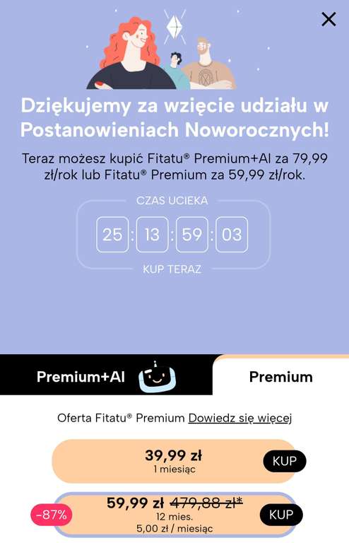Fitatu Premium 59,99 zł za rok, Premium+AI 79,99 zł za rok.