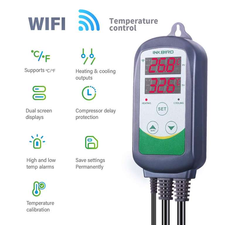 Inkbird ITC-308-WIFI Termostat chłodzenia ogrzewania, kontroler temperatury, sterowanie 2 gniazdami za pomocą aplikacji