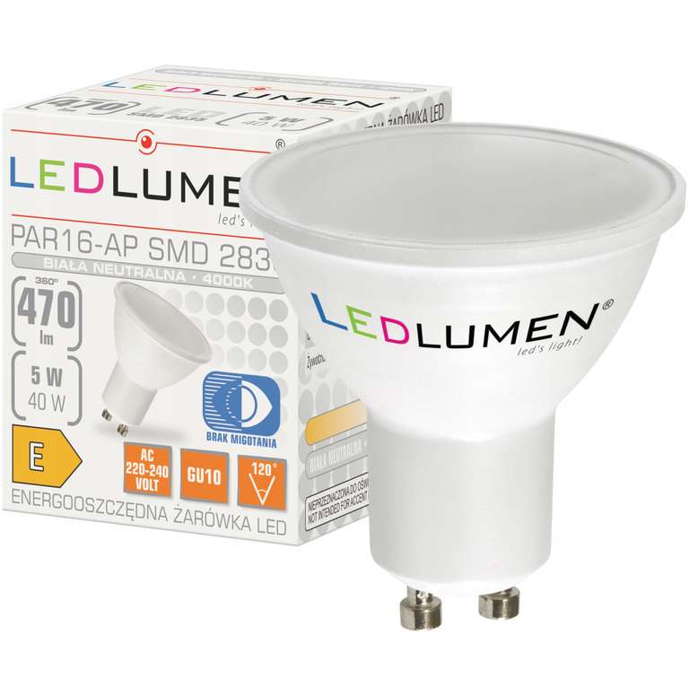 Żarówka LED Ledlumen GU10 PAR16 470 lm 5 W 120° biała neutralna