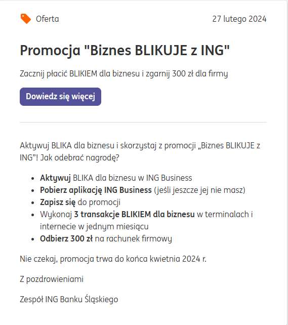 300zł za 3 transakcje BLIK w ING Business