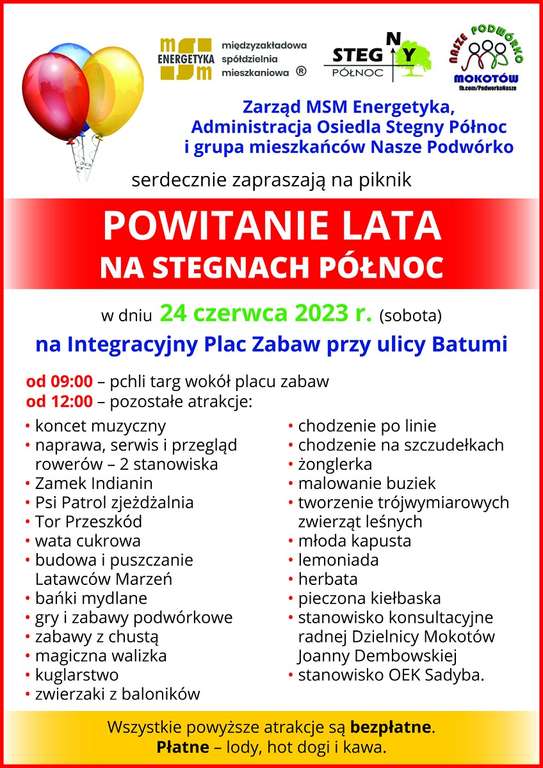 Powitanie Lata na Stegnach Północ (Warszawa, Mokotów) - liczne bezpłatne atrakcje dla dzieci