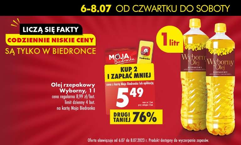 Olej rzepakowy Wyborny 1l - 5.49 zł/szt przy zakupie 2 - Biedronka