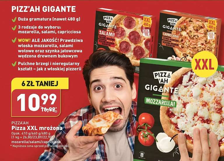 Duża mrożona pizza XXL: Pizza'ah Gigante (Mozzarella, Salami, Capriciosa) w ALDI za 10,99 zł