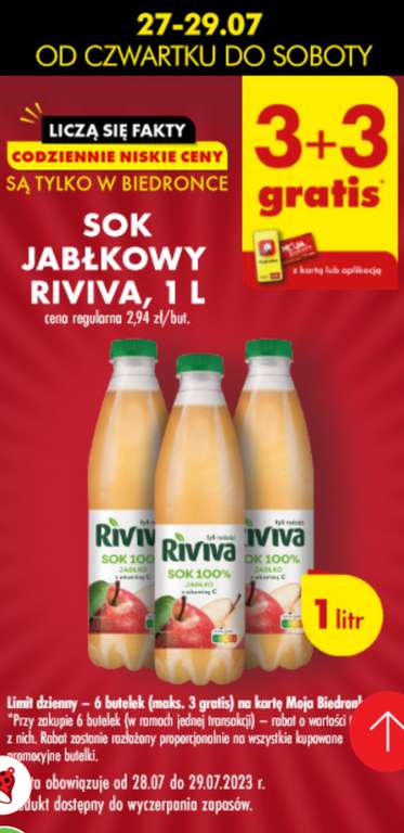 Sok jabłkowy Riviva 1L 3+3 gratis @Biedronka