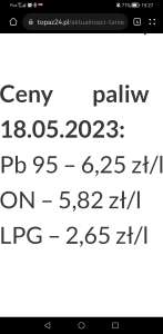 Paliwo ON 5.82, Pb95 6.25 LPG 2.65