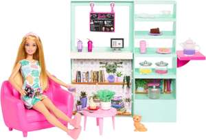 Barbie Relaks w kafejce Zestaw + lalka, mebelki i figurka kotka, około 20 akcesoriów, w tym imbryk zmieniający kolor