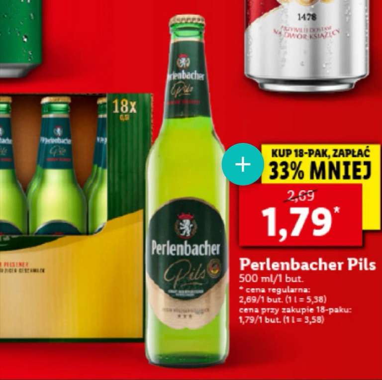 Perlenbacher Pils 500ml w Lidl, przy zakupie 18-paka za 1,79zl/butelka.