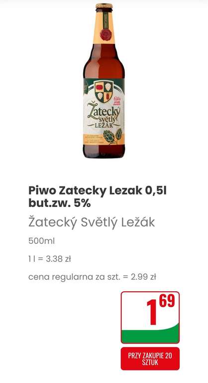 Piwo Zatecky Lezak 0,5l but.zw. 5% , przy zakupie 20 sztuk