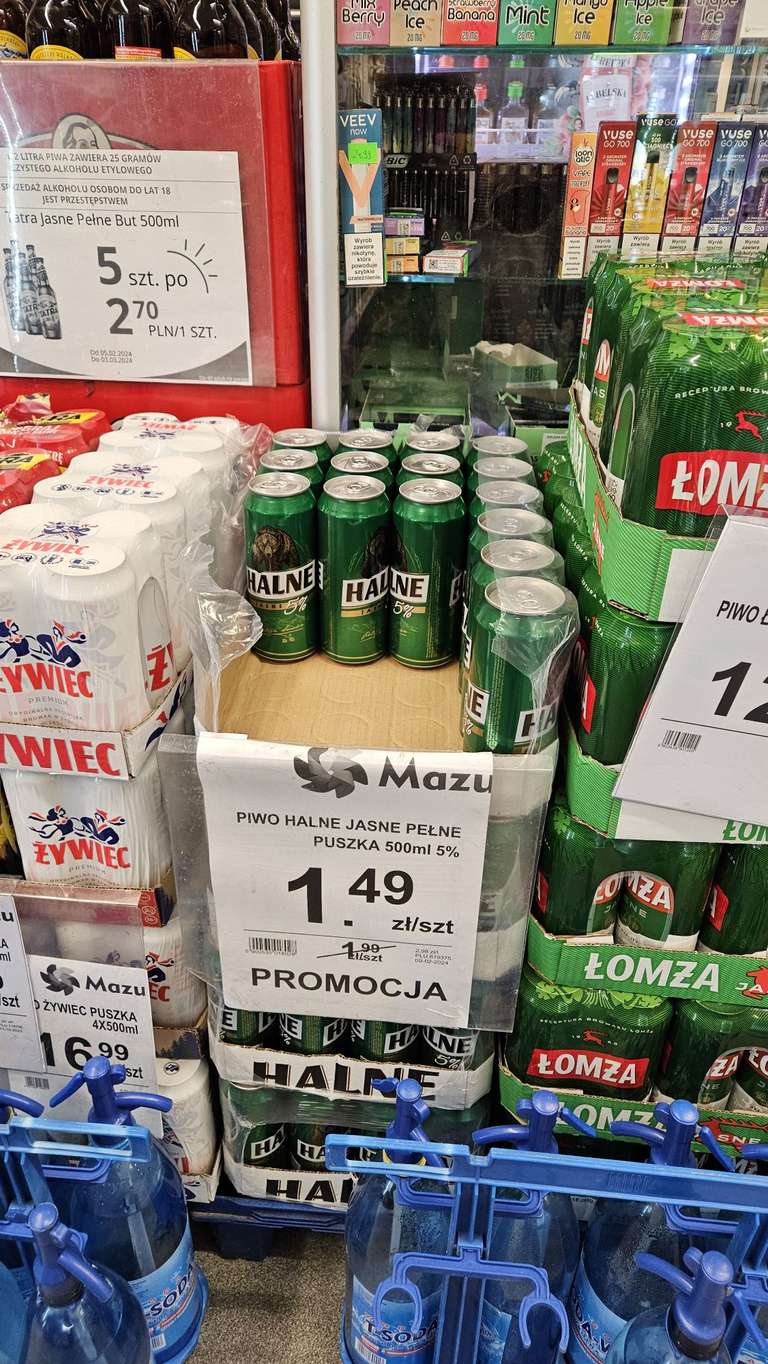 Piwo Halne 5% puszka 0,5l 1,49. Mazurek Olsztyn Gębika.