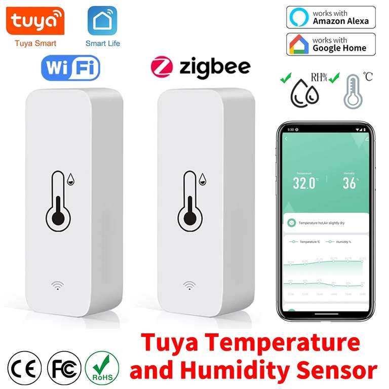 Tuya ZigBee/wifi inteligentny czujnik temperatury i wilgotności zasilany baterią ZigBee US $4.97