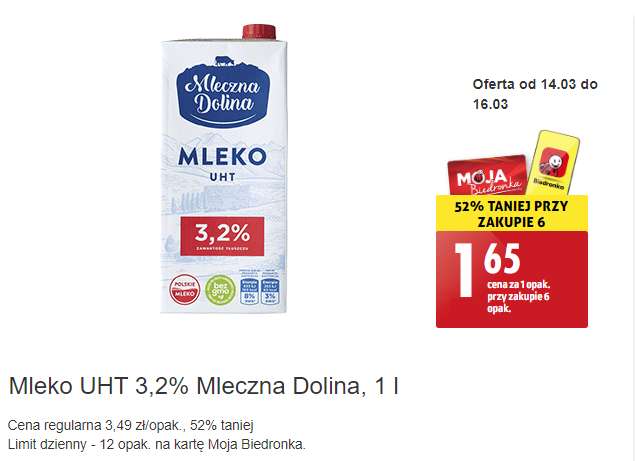 Mleko UHT 3,2% 1L Mleczna Dolina @Biedronka
