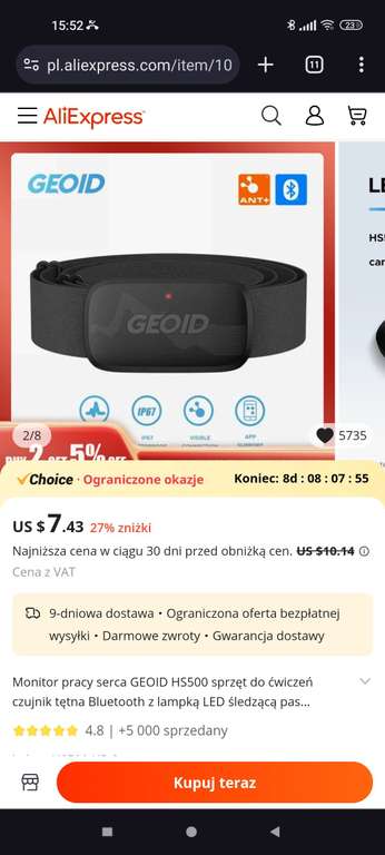 GEOID Monitor tętna HS500, protokół ANT+/Bluetooth, kompatybilny z aplikacjami iOS/Android $7,88